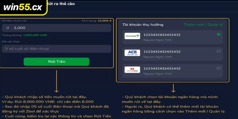 Thao tác rút tiền WIN55 cực đơn giản và nhanh gọn